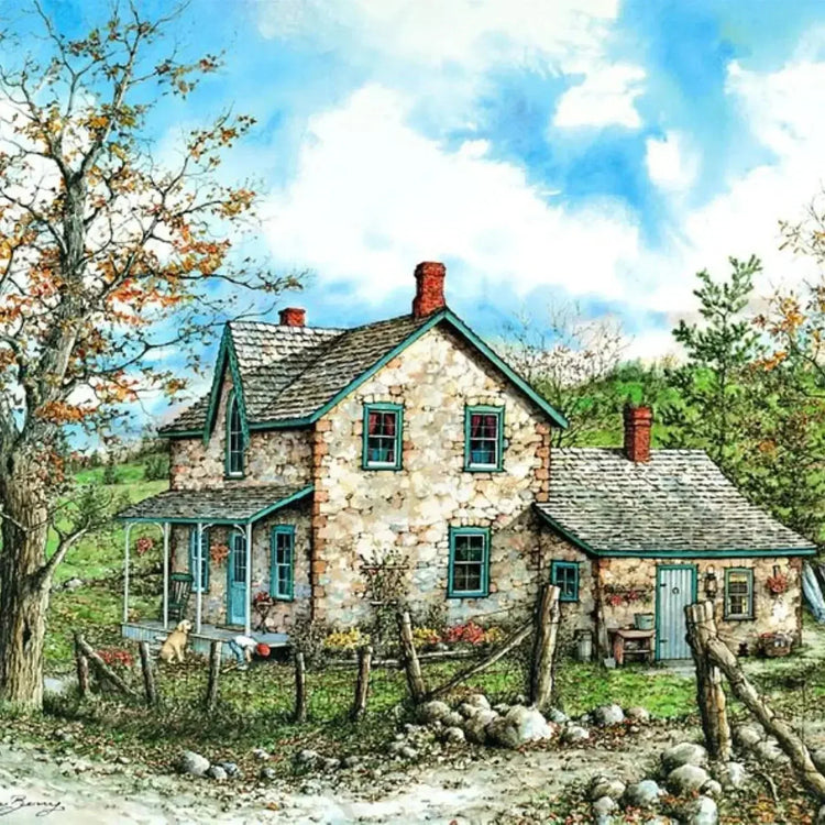 A serene painting depicting a rustic stone house surrounded by lush countryside, showcasing natural beauty and tranquility.
