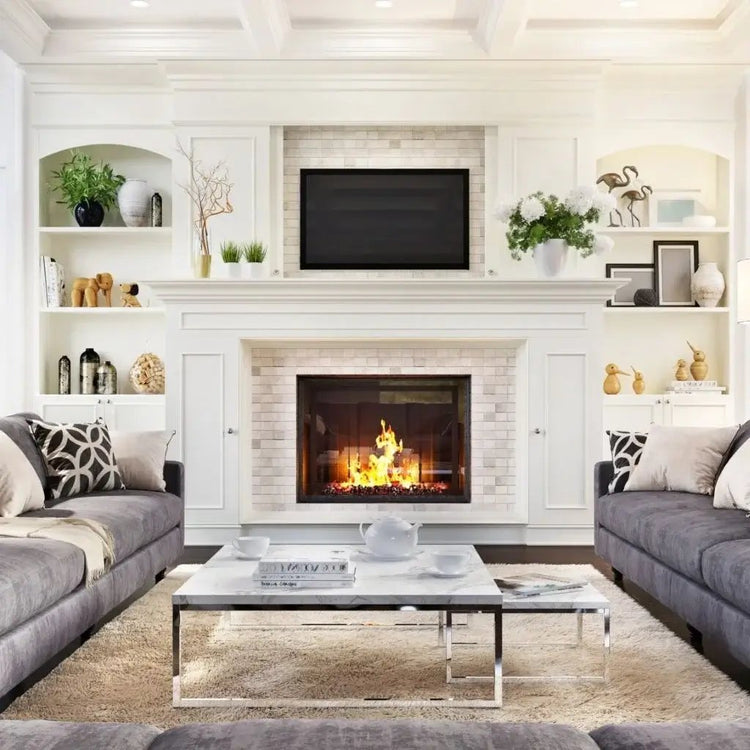 A serene living room with pristine white walls and a classic fireplace, offering a welcoming and relaxing environment.