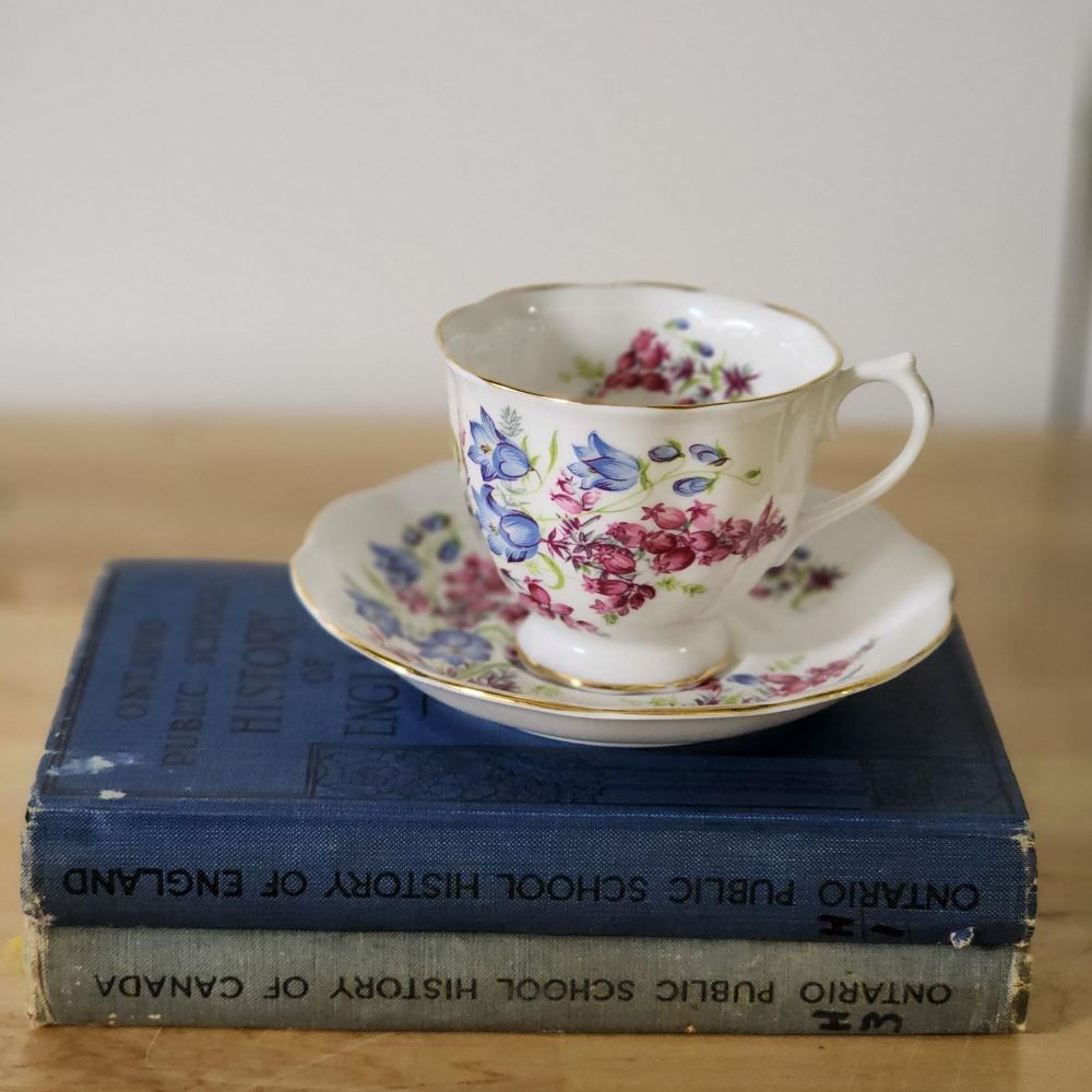 Juego de taza de té y platillo de porcelana de hueso floral azul rosa Royal Albert