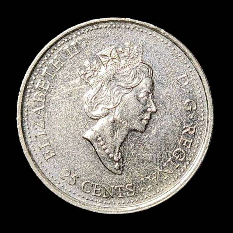 2000 Canadian coin, featuring a unique design, showcased on a black background.