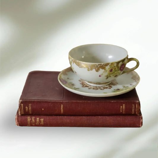 Cup and saucer on two books, creating a cozy reading nook.