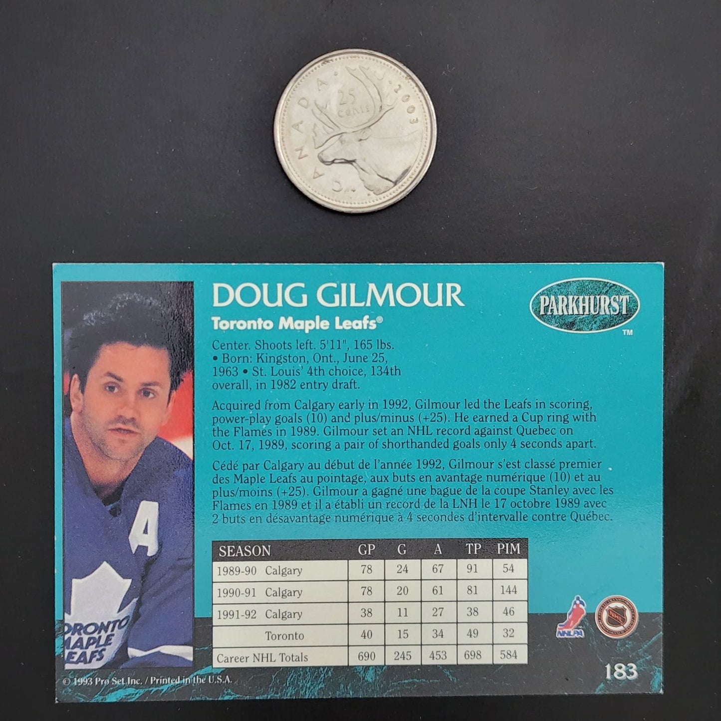 Doug Gilmour hockey card - A trading card featuring Doug Gilmour, a professional hockey player.