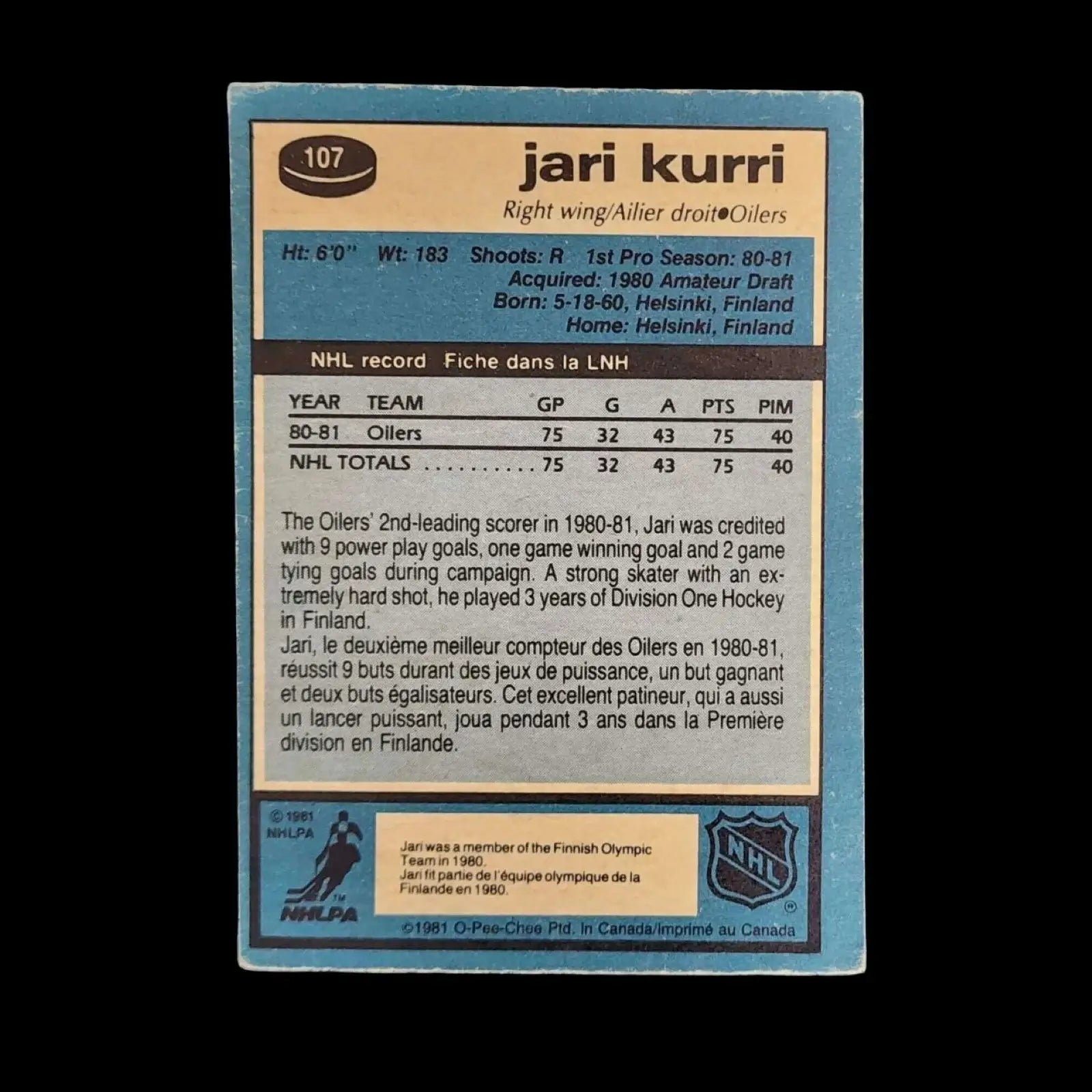NHL Jari Kurri Rookie Card - Edmonton Oilers - 1981 - 82 TOPPS #18 - Mulberry Lane Classic Hockey Art Hockey Trading Cards