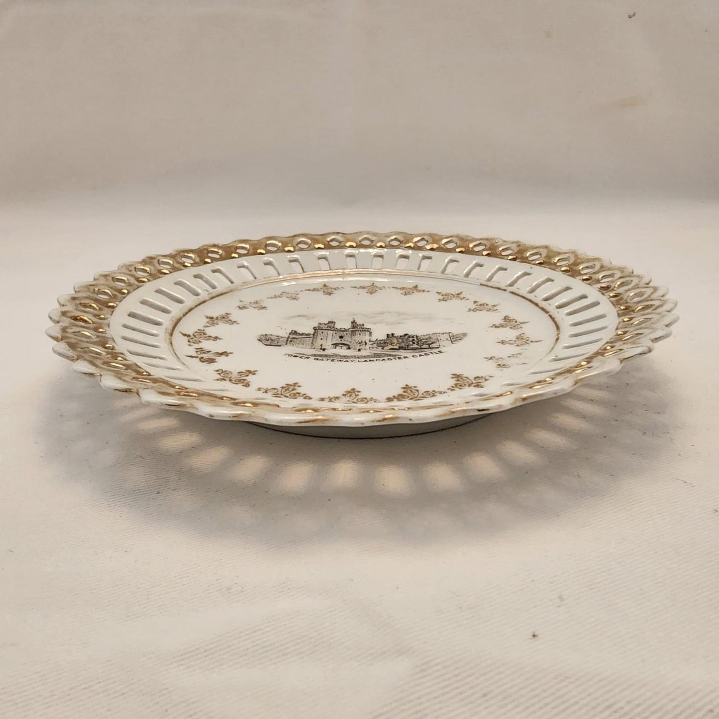 White plate with castle design.