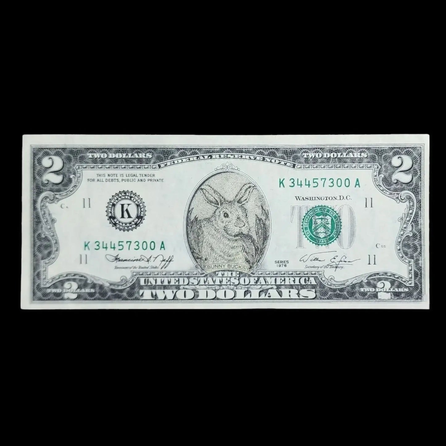 Two Dollar United States Bill Crisp 1976 with Easter Bunny - Thomas Jefferson - Bunny Can Be Removed