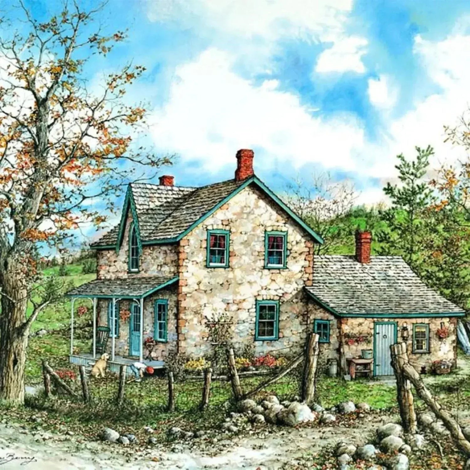 A serene painting depicting a rustic stone house surrounded by lush countryside, showcasing natural beauty and tranquility.