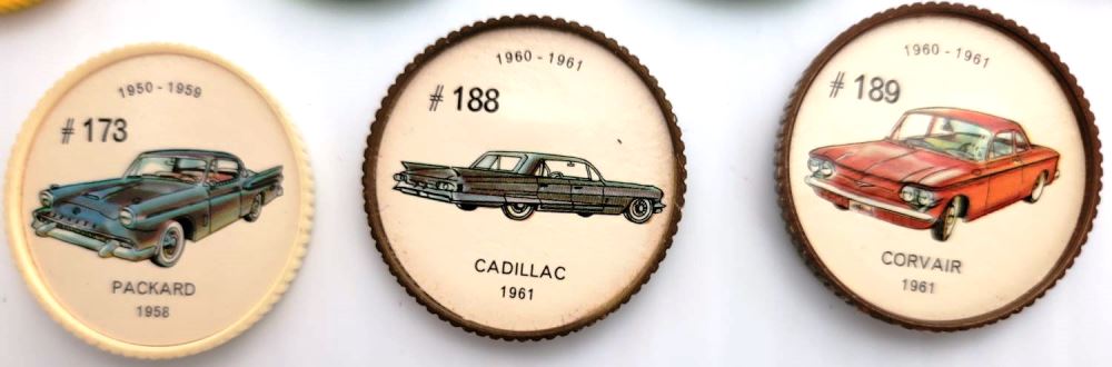 Pièces de monnaie automobiles Jello vintage des années 1960