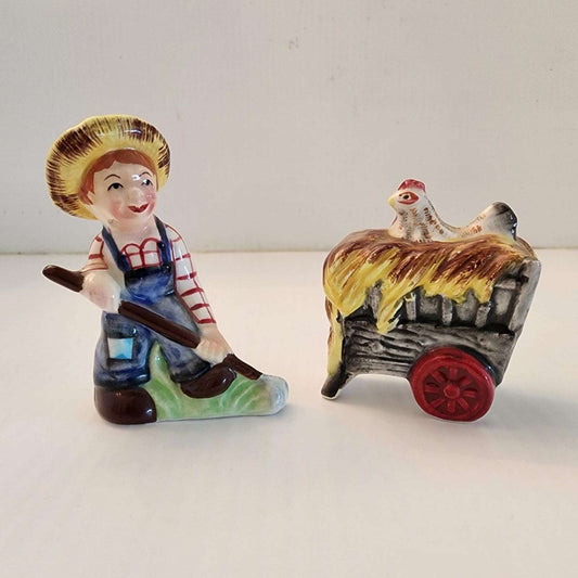 Farmer and Donkey with Cart Vintage Salt and Pepper Shaker Set