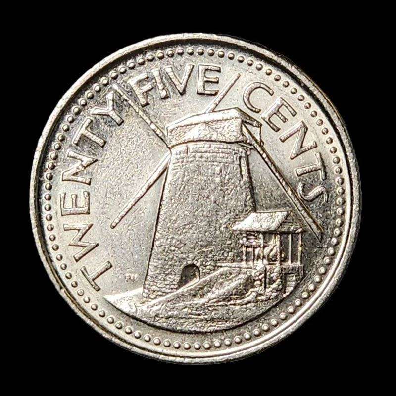 A coin displaying a windmill, a symbol of clean energy and environmental consciousness.