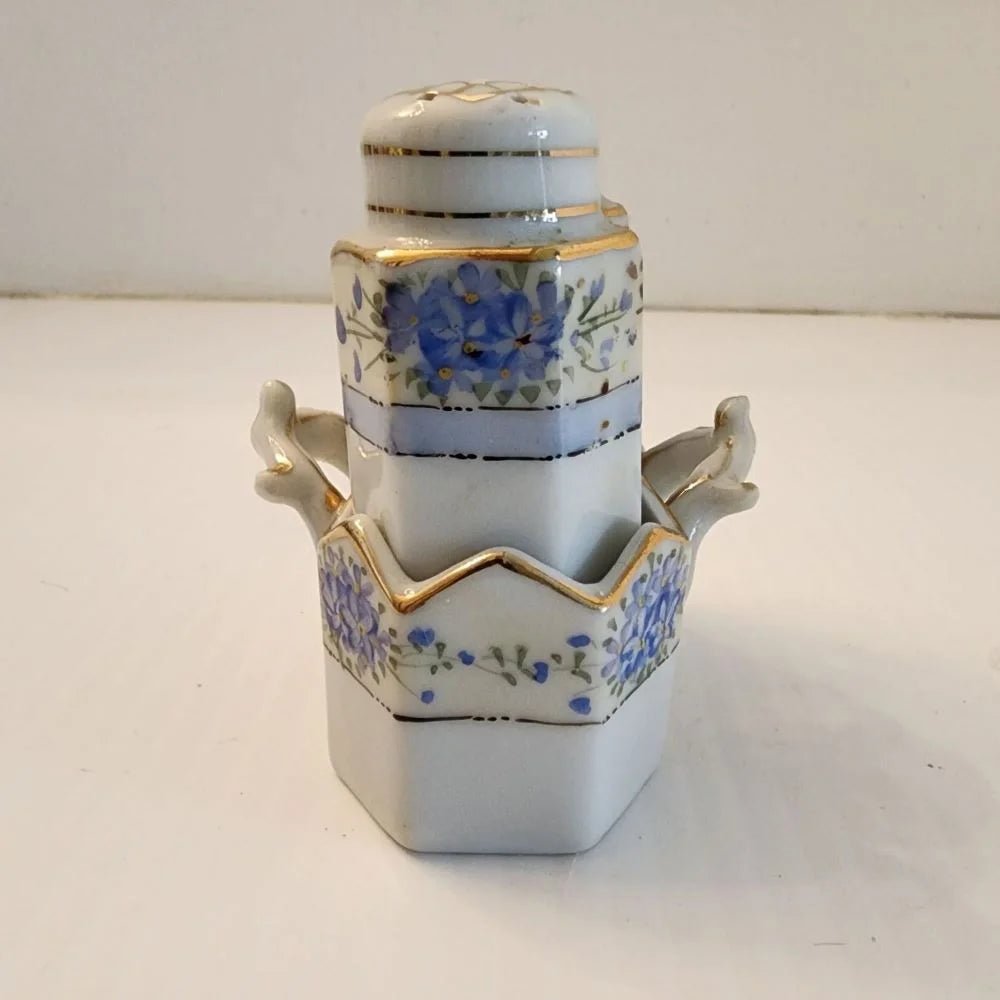 Two small porcelain salt and pepper shakers featuring delicate blue flowers.