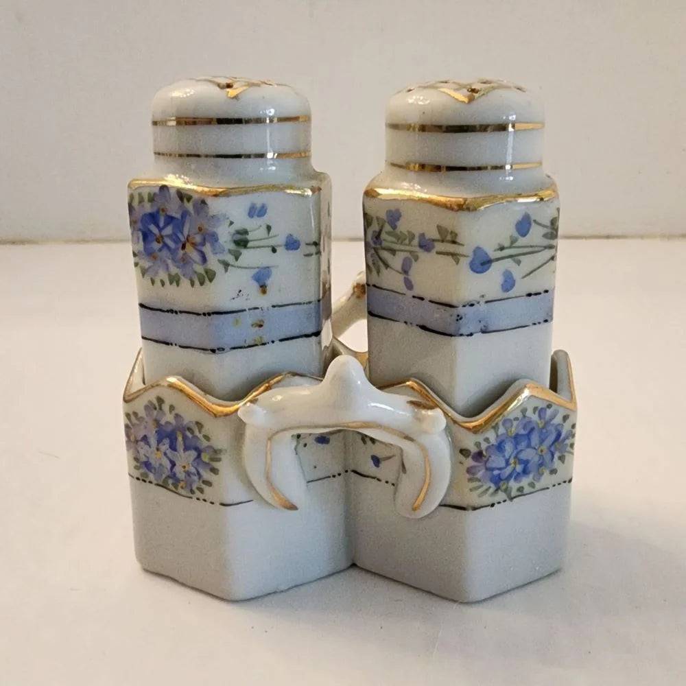 Two small porcelain salt and pepper shakers featuring delicate blue flowers.
