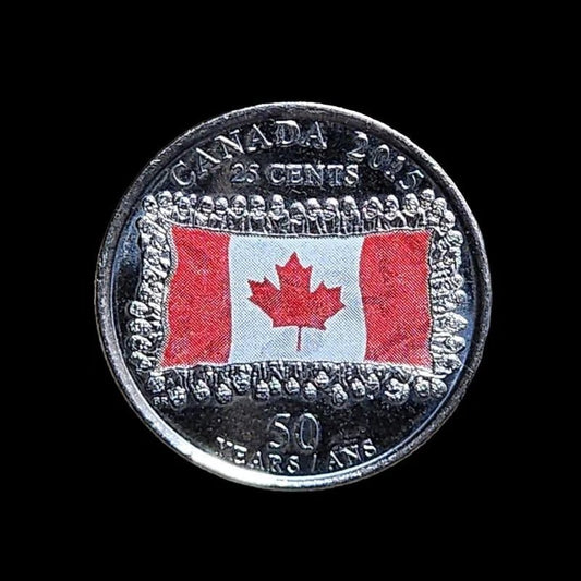 A 25 cent coin from Canada displaying the Canadian flag.