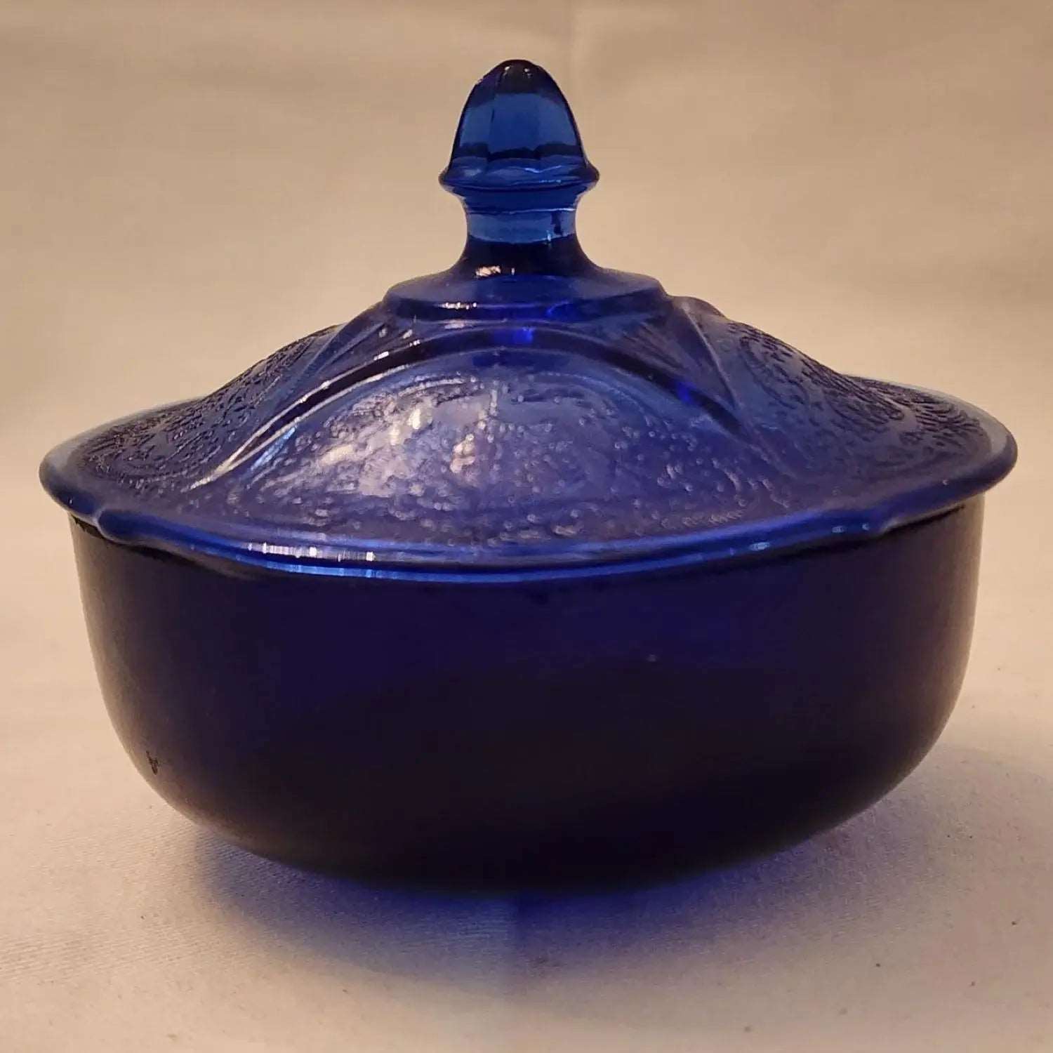 Cobalt Blue Dish with Royal Lace Depression Glass Lid - Vintage Hazel Atlas - Mulberry Lane Inspirations Bowl Butter Dish