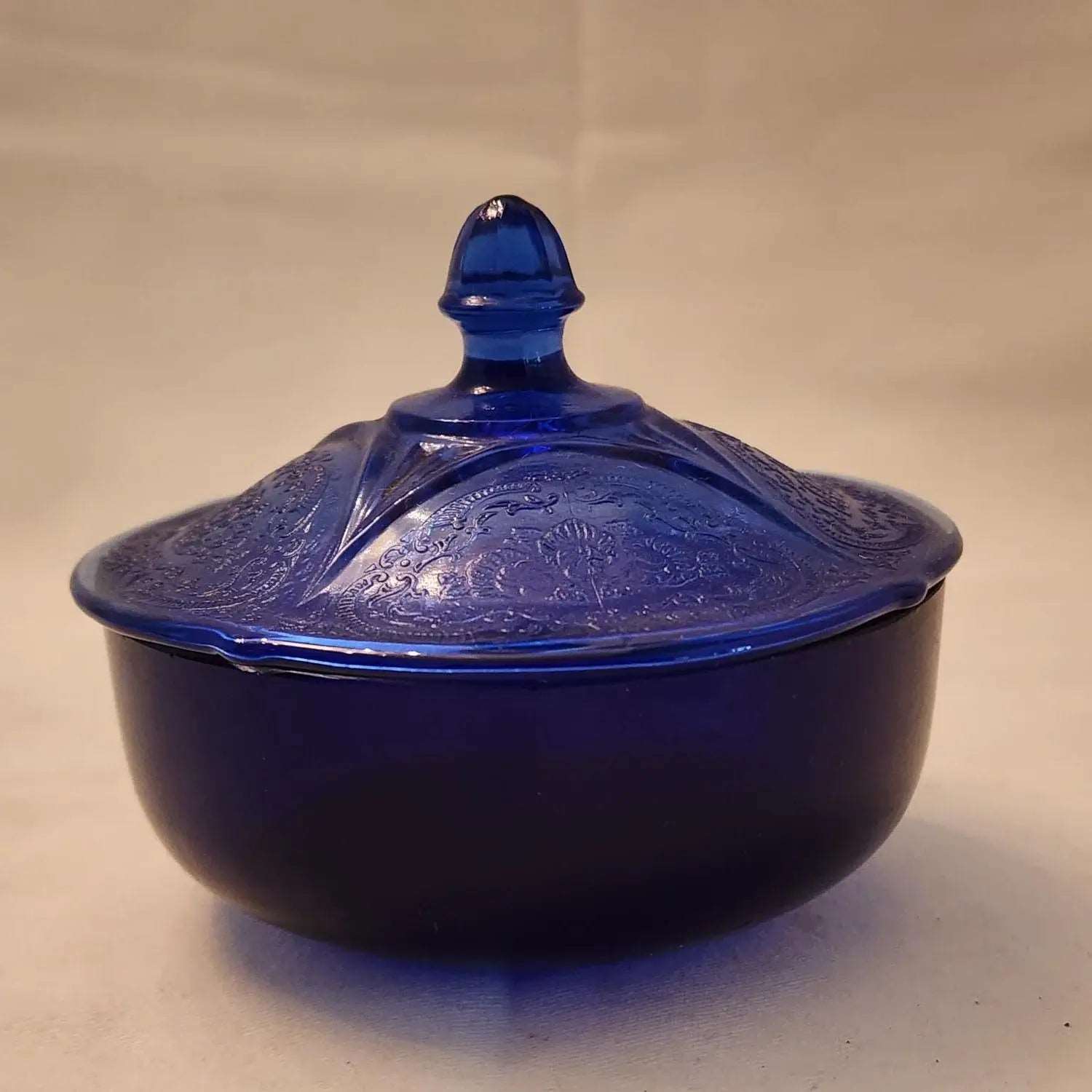 Cobalt Blue Dish with Royal Lace Depression Glass Lid - Vintage Hazel Atlas - Mulberry Lane Inspirations Bowl Butter Dish