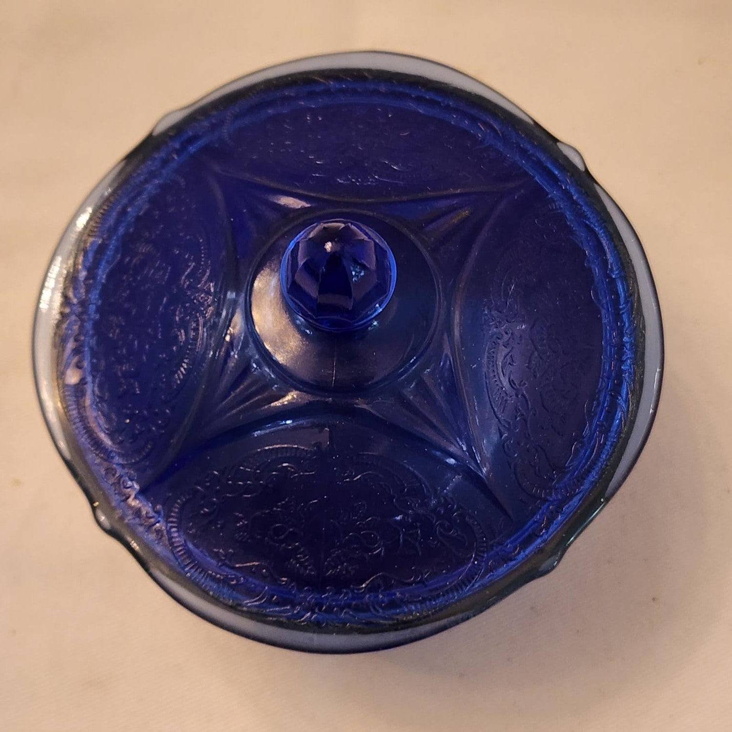 Cobalt Blue Dish with Royal Lace Depression Glass Lid - Vintage Hazel Atlas - Mulberry Lane Inspirations Bowl Butter Dish