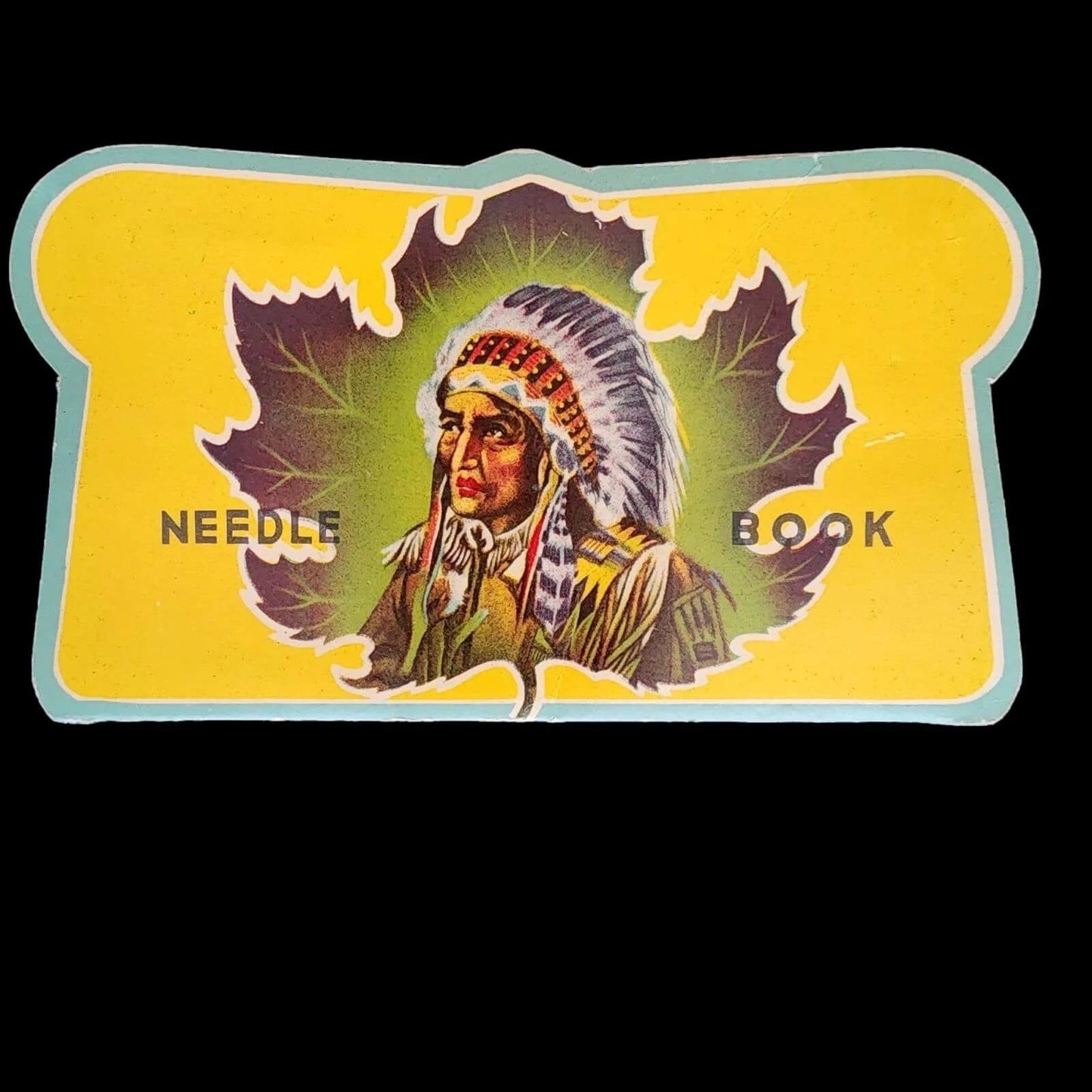 Needle pouch featuring an Indian chief, traditional headdress, and feathers, representing Native American culture.