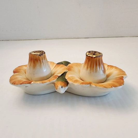 Two flower-shaped salt and pepper shakers on a white surface.