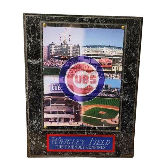 Commemorative plaque at Wrigley Field honoring the Chicago Cubs, a historic baseball team.