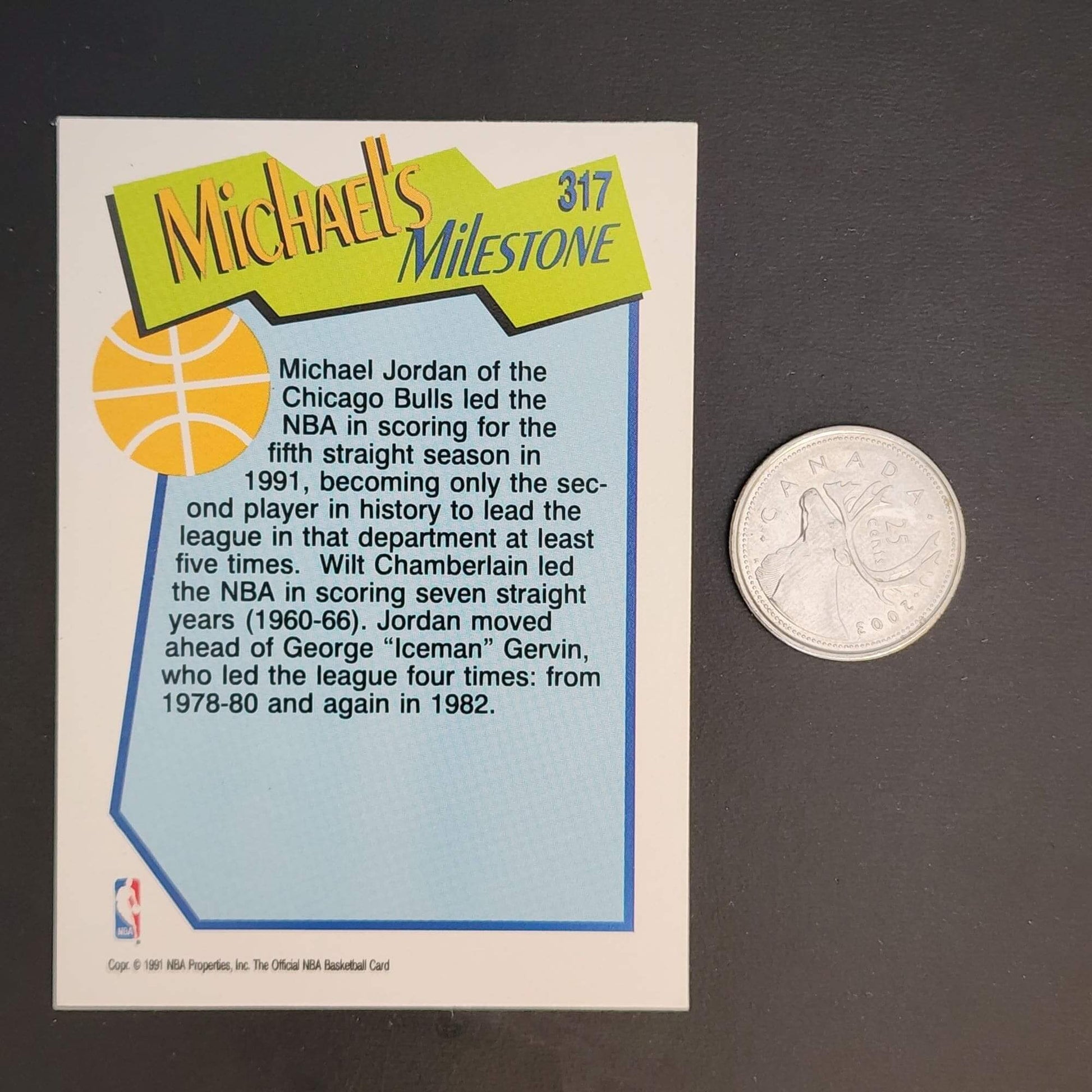 Michael Jordan basketball card with a quarter for size comparison.