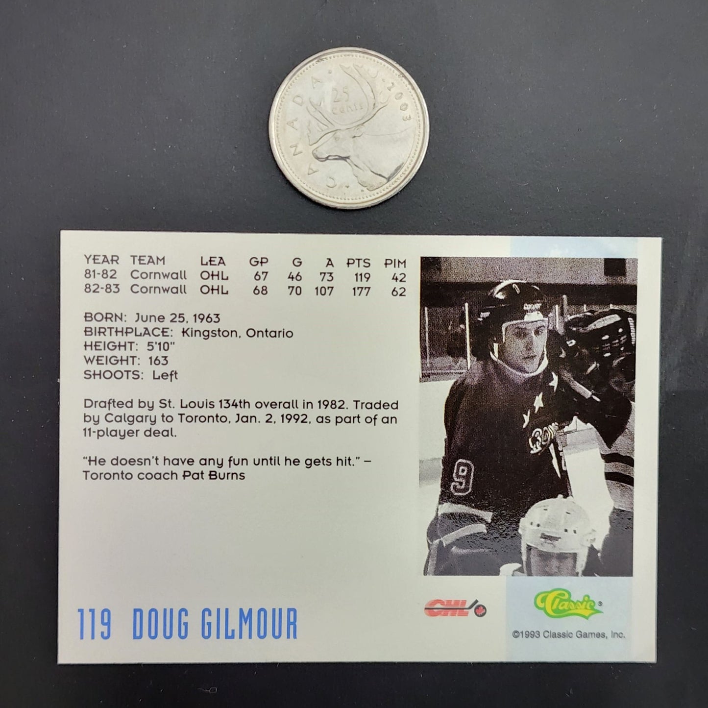 Doug Gilmour hockey card - A trading card featuring Doug Gilmour, a professional hockey player.