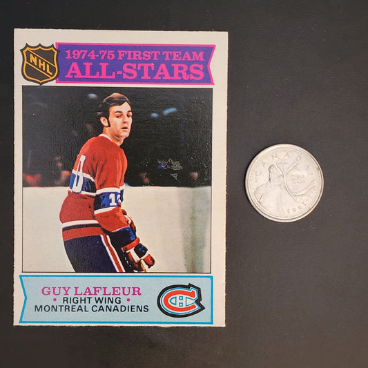 Vintage hockey card of Guy Lafleur from Montreal Canadiens.