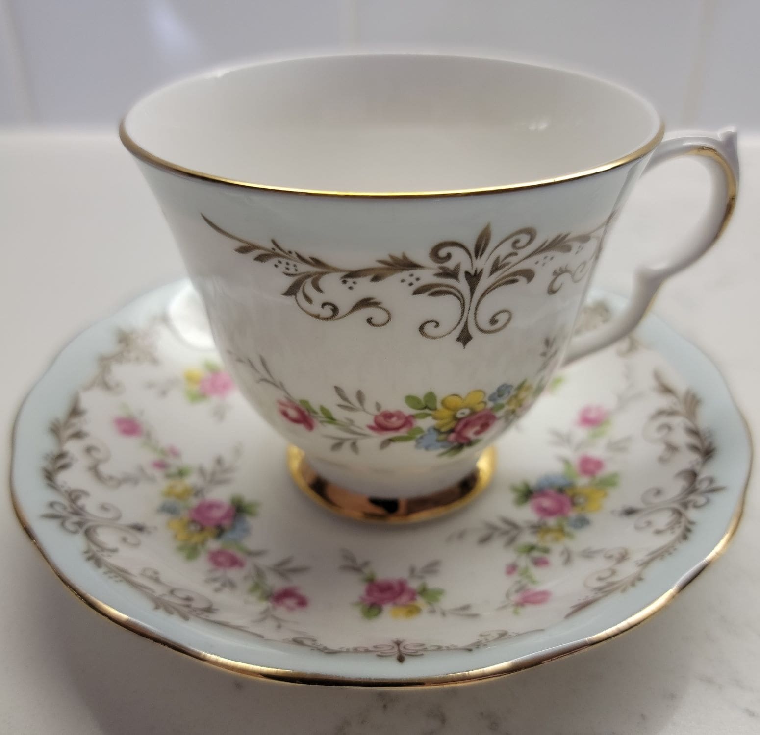 Queen Anne Flower Pattern #8361 Vintage Tea Cup and Saucer Set - Mulberry Lane Inspirations Blue Border Teacup & Saucer
