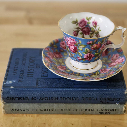 Tea cup and saucer resting on book.