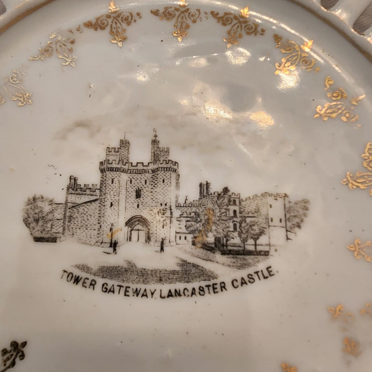 White plate with castle design.