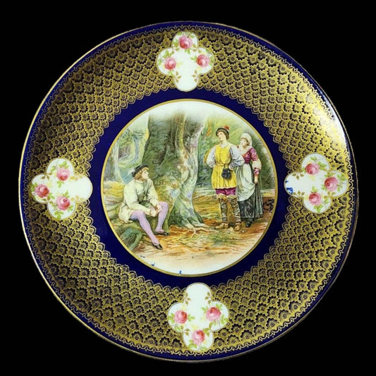 A blue and gold plate featuring a painting of a man and woman.