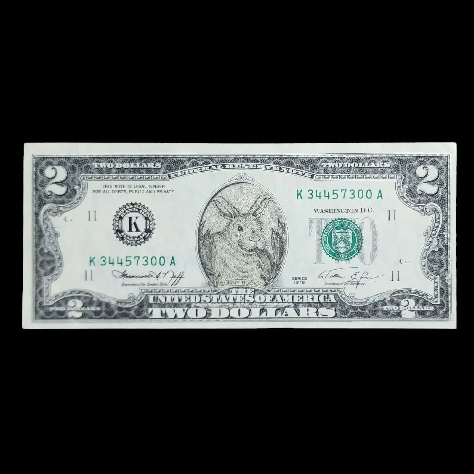 Two Dollar Bill Crisp 1976 with Easter Bunny - Thomas Jefferson - Bunny Can Be Removed - Mulberry Lane 1976 Collectible US Currency