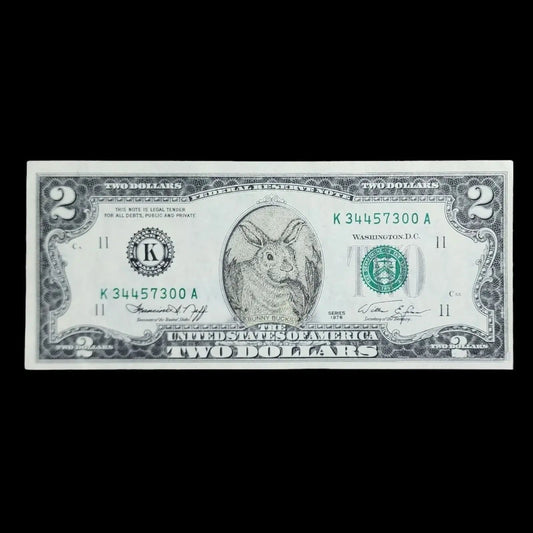 Two Dollar Bill Crisp 1976 with Easter Bunny - Thomas Jefferson - Bunny Can Be Removed - Mulberry Lane 1976 Collectible US Currency